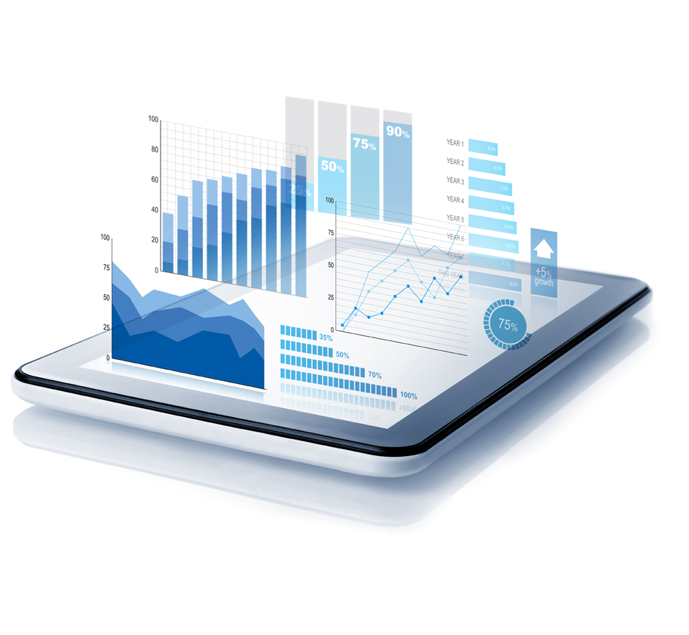 a tablet with bar charts floating above it